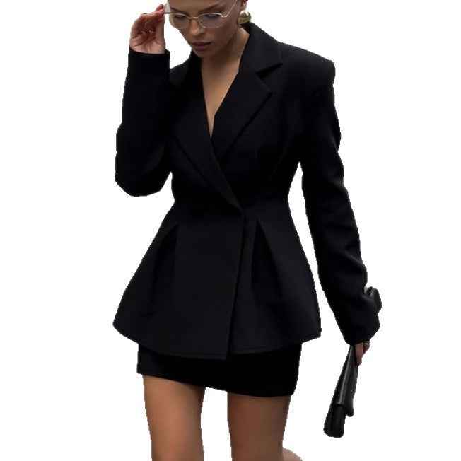 Black temperament slimming waist cinching suit hip hugging skirt two-piece set