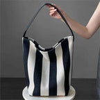 Women's Canvas Tote Bucket Bag — Black & White Contrast Wide Shoulder Strap