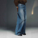 Casual Loose Straight Leg Washed Denim Pants with Leather Splicing for Women  Trendy Oversized Floor-Length Trousers