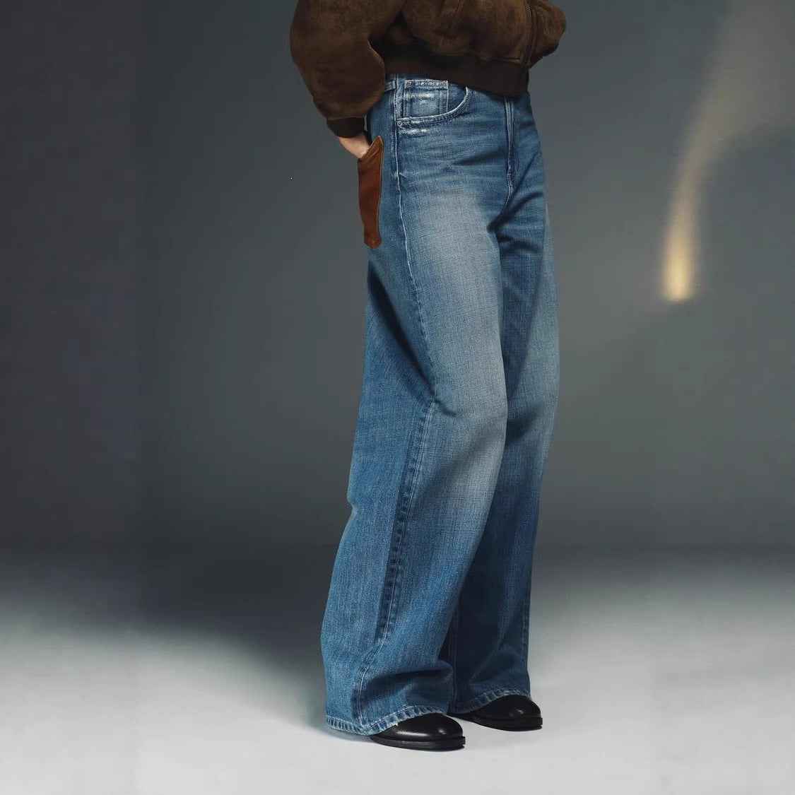 Casual Loose Straight Leg Washed Denim Pants with Leather Splicing for Women  Trendy Oversized Floor-Length Trousers