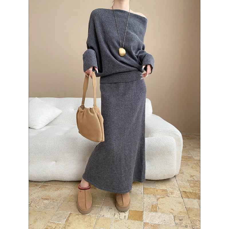 French-style Batwing Sleeve Off-Shoulder Knit Sweater and Skirt Two-Piece Set