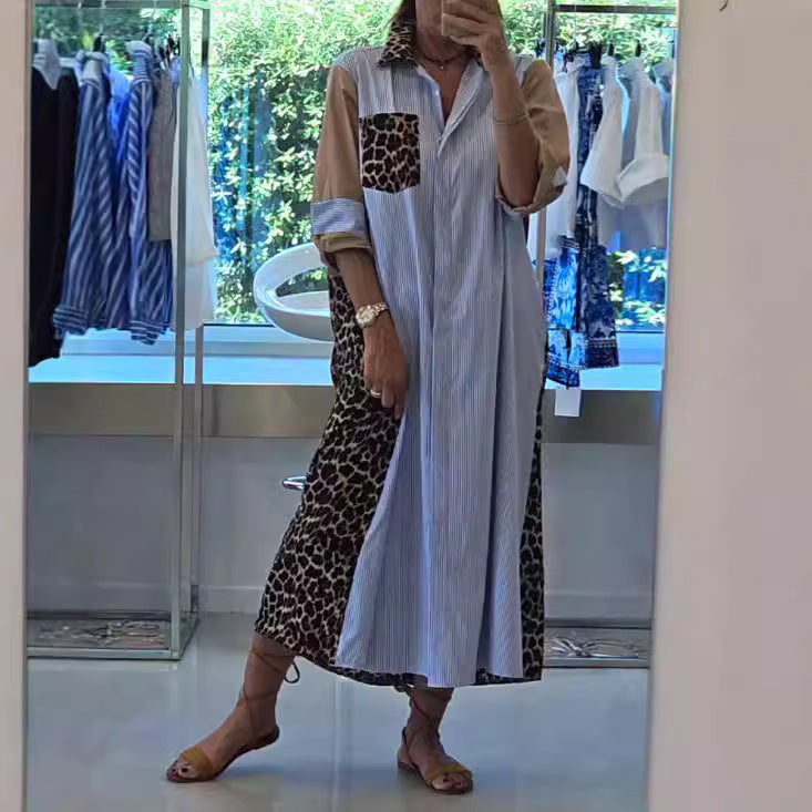Pattern Style  Sleeve Length  One Obvious Feature  Silhouette Type of Clothing  Casual Loose Leopard Print Spliced Stripe Shirt Dress for Women