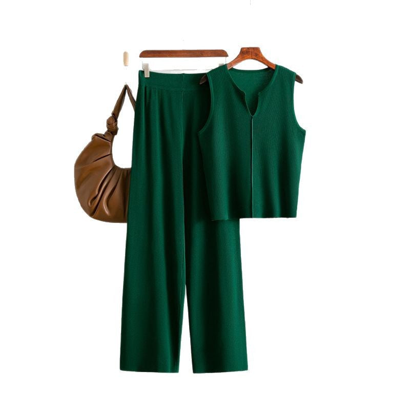 Sleeveless Knit Top Set Wide Leg Pants Two-Piece Set for Women