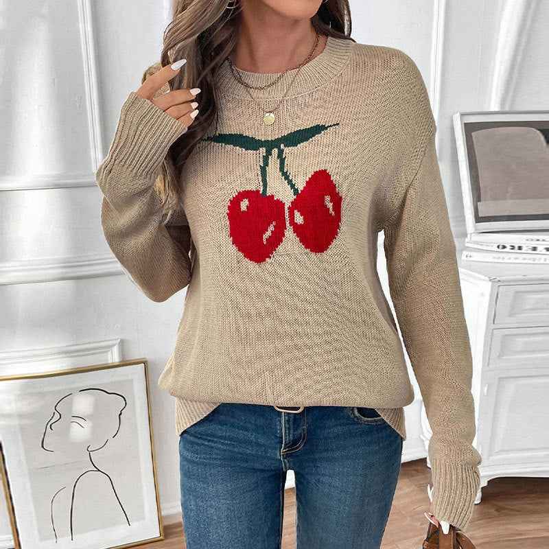Round neck loose cherry jacquard pattern knitted sweater for women