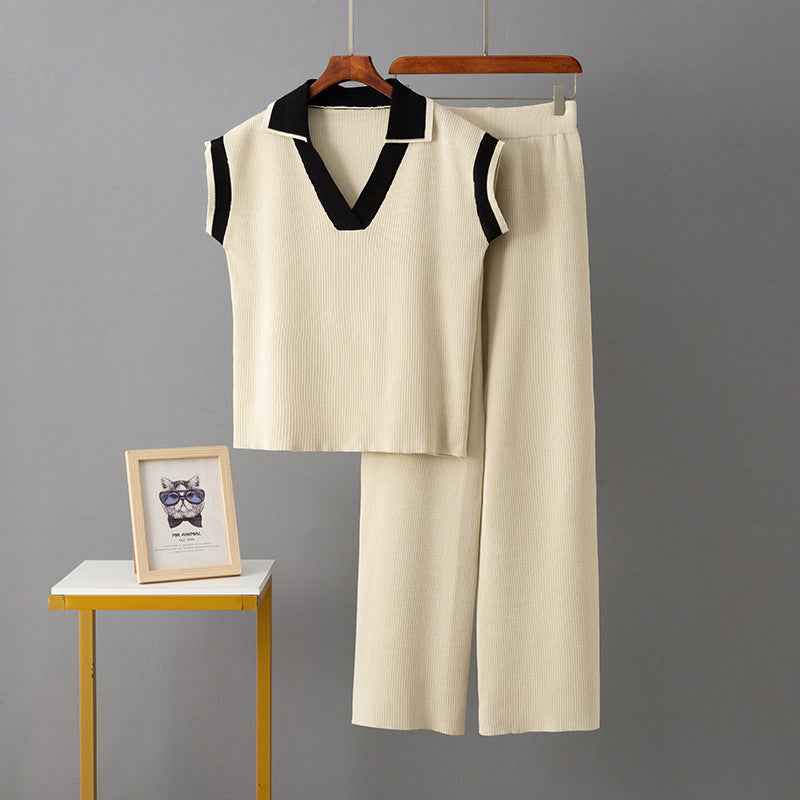 Solid Color Loose Sleeveless Knit Top + Sporty Fitted Wide-Leg Pants Two-Piece Set for Women