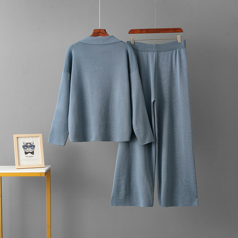 Set Polo Collar Casual Sweater + Loose Wide-Leg Pants Two-Piece Set