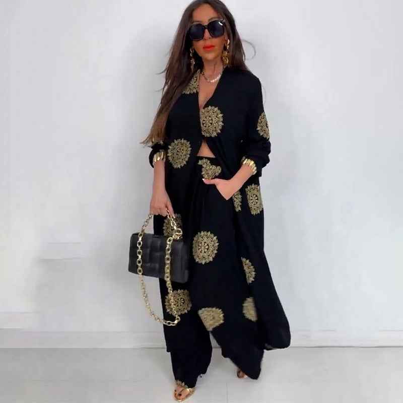 Elegant and sexy V-neck top+printed wide leg pants two-piece set
