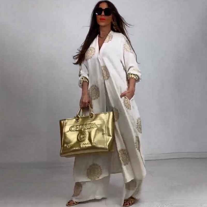 Elegant and sexy V-neck top+printed wide leg pants two-piece set