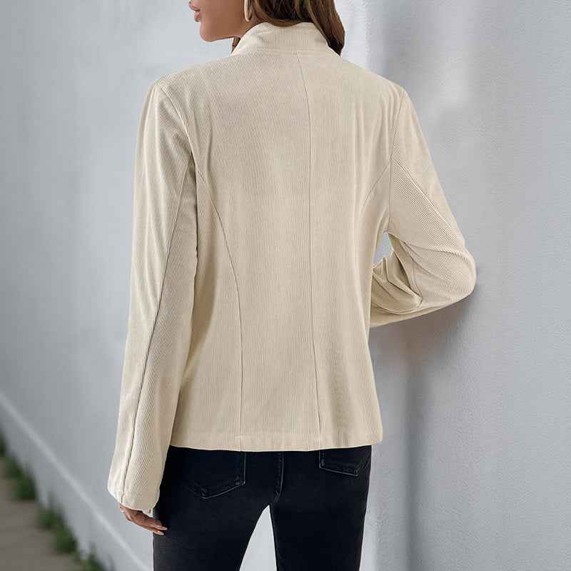 Retro style slim fit stand up corduroy apricot coat