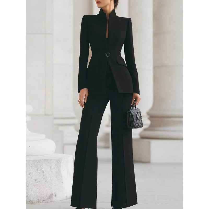 Solid color pocket one button small suit+long suit pants two-piece set