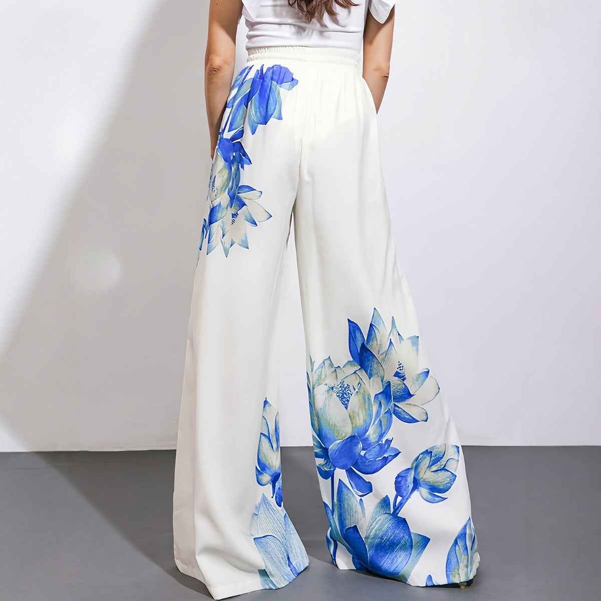 Summer  Printed Wide-Leg Pants Set for Women, Casual Fashion Two-Piece Set, Blue Floral Tie-Up Shirt