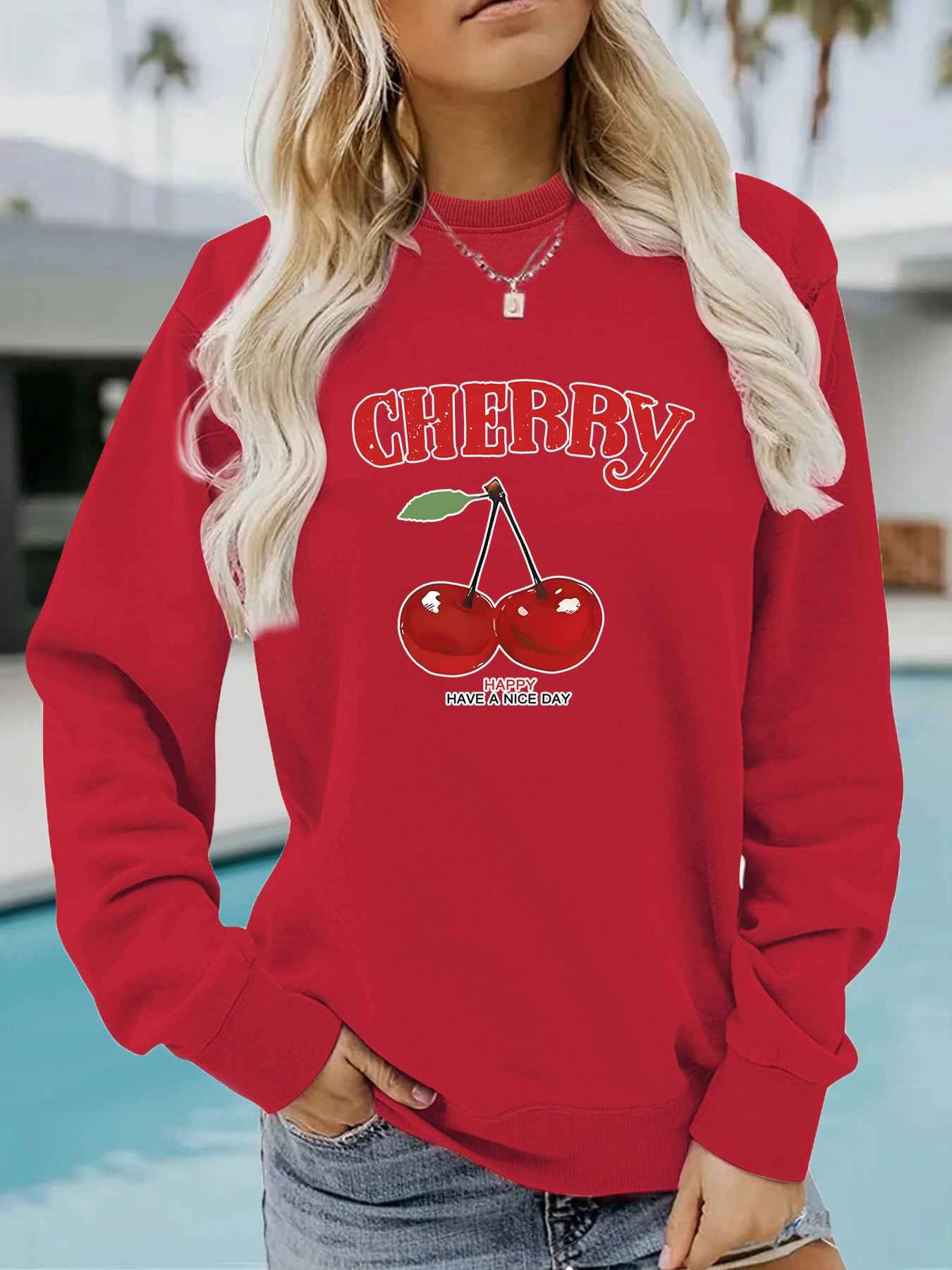 Round neck CHERRY cherry print pullover sweatshirt