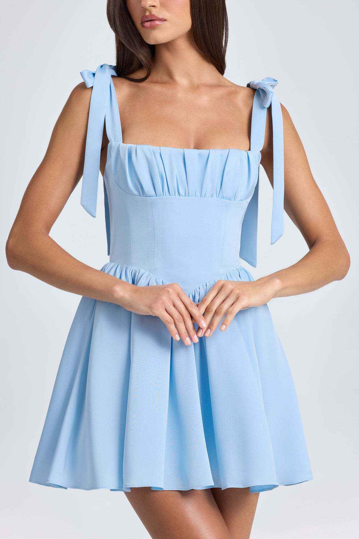 Square collar high waisted pleated patchwork bow suspender dress