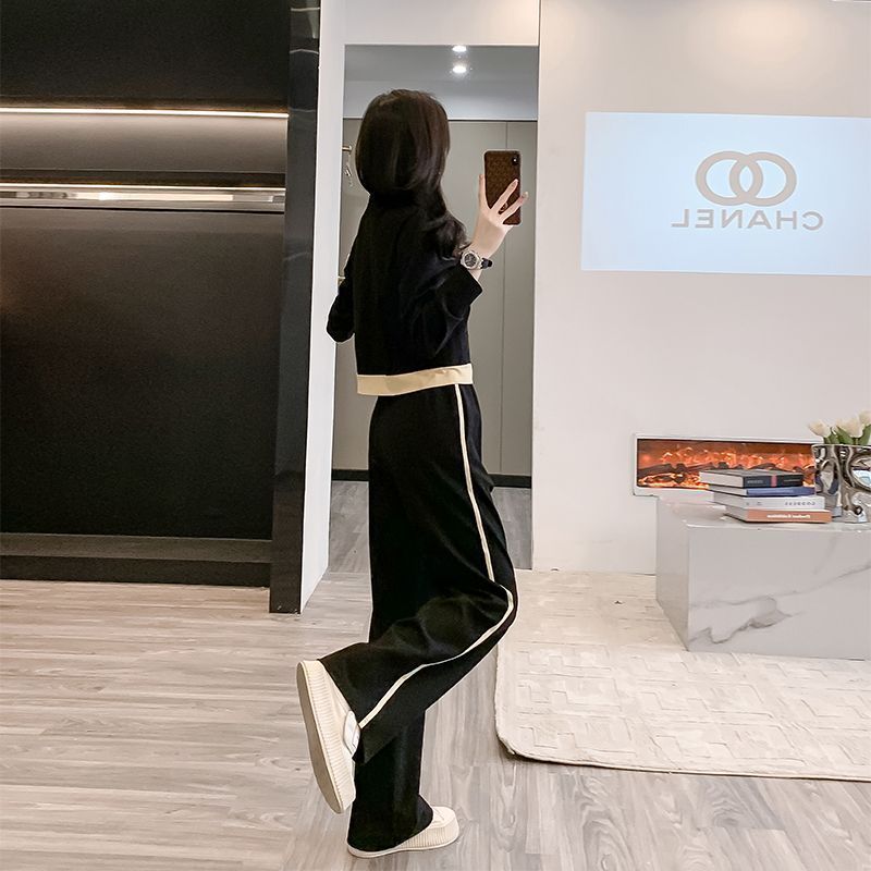 Color Block Open Cardigan Wide Leg Pants Two-Piece Set for Women