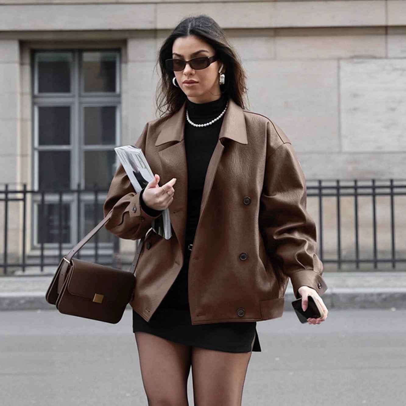 Loose suit collar leather mid length jacket for women