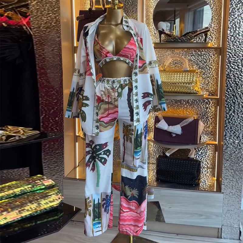 Printed long sleeved shirt, bra, suspender, wide leg pants, three piece set