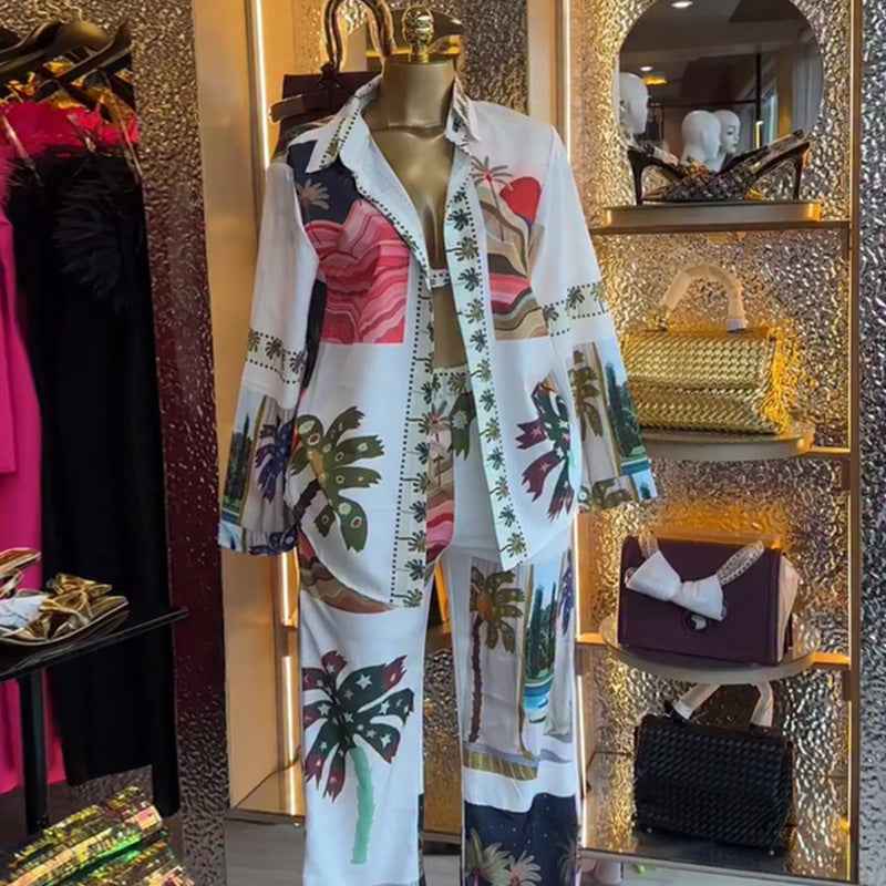 Printed long sleeved shirt, bra, suspender, wide leg pants, three piece set