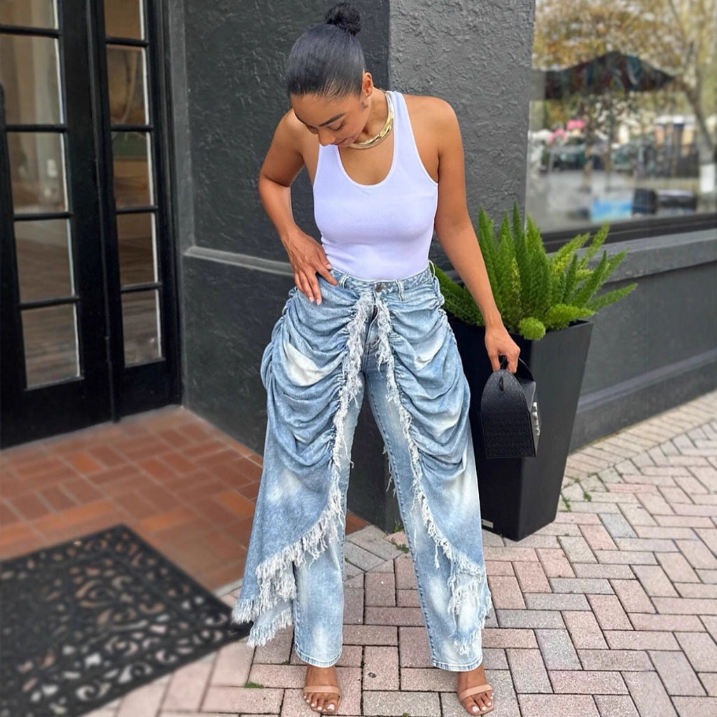 High-Waist Jeans for Women, Fashionable and Unique Pleated Brushed Edge Straight Leg Pants eprolo