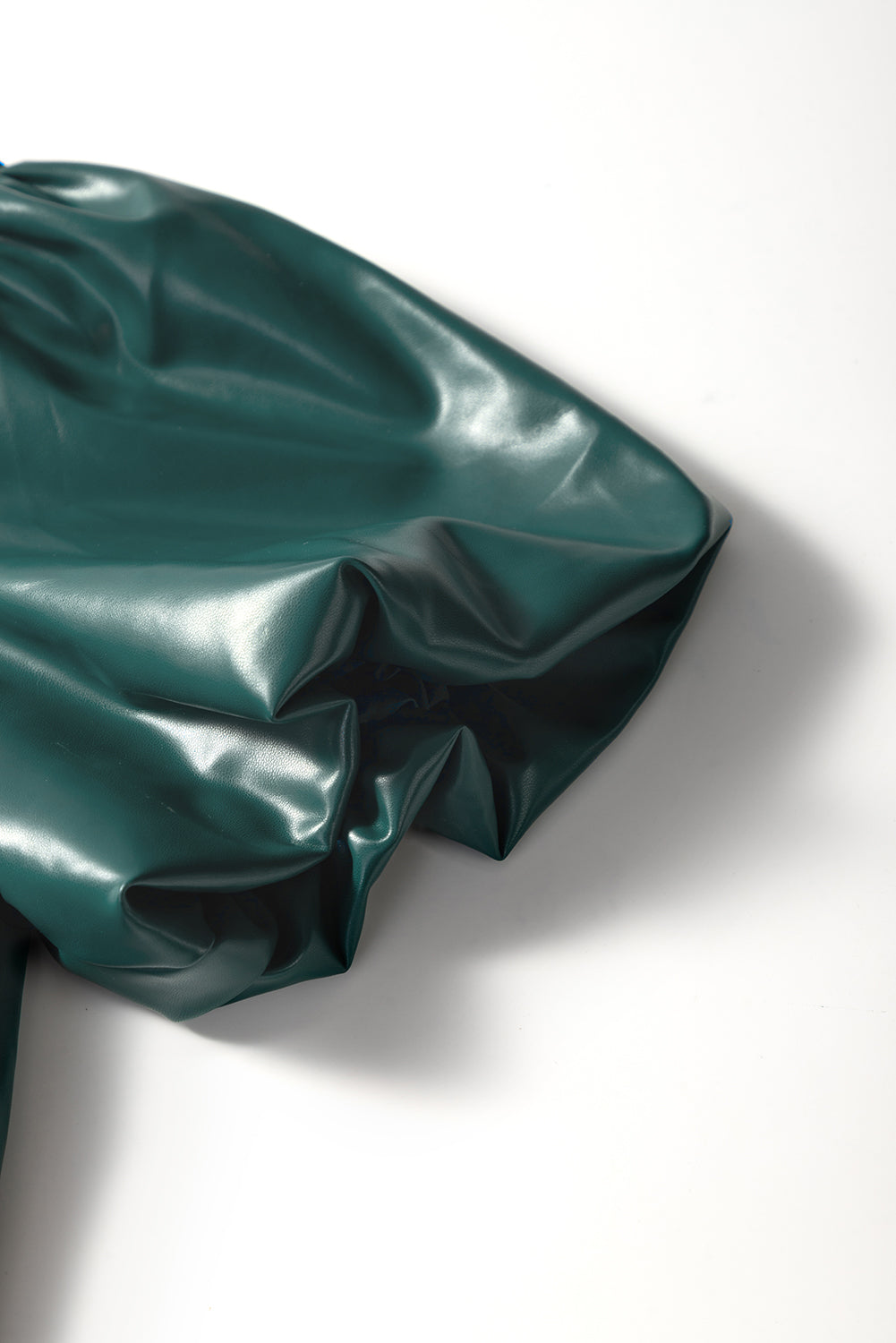 Sea Green Notched V Neck Short Puff Sleeve PU Leather Blouse Dear-Lover Dropshipping