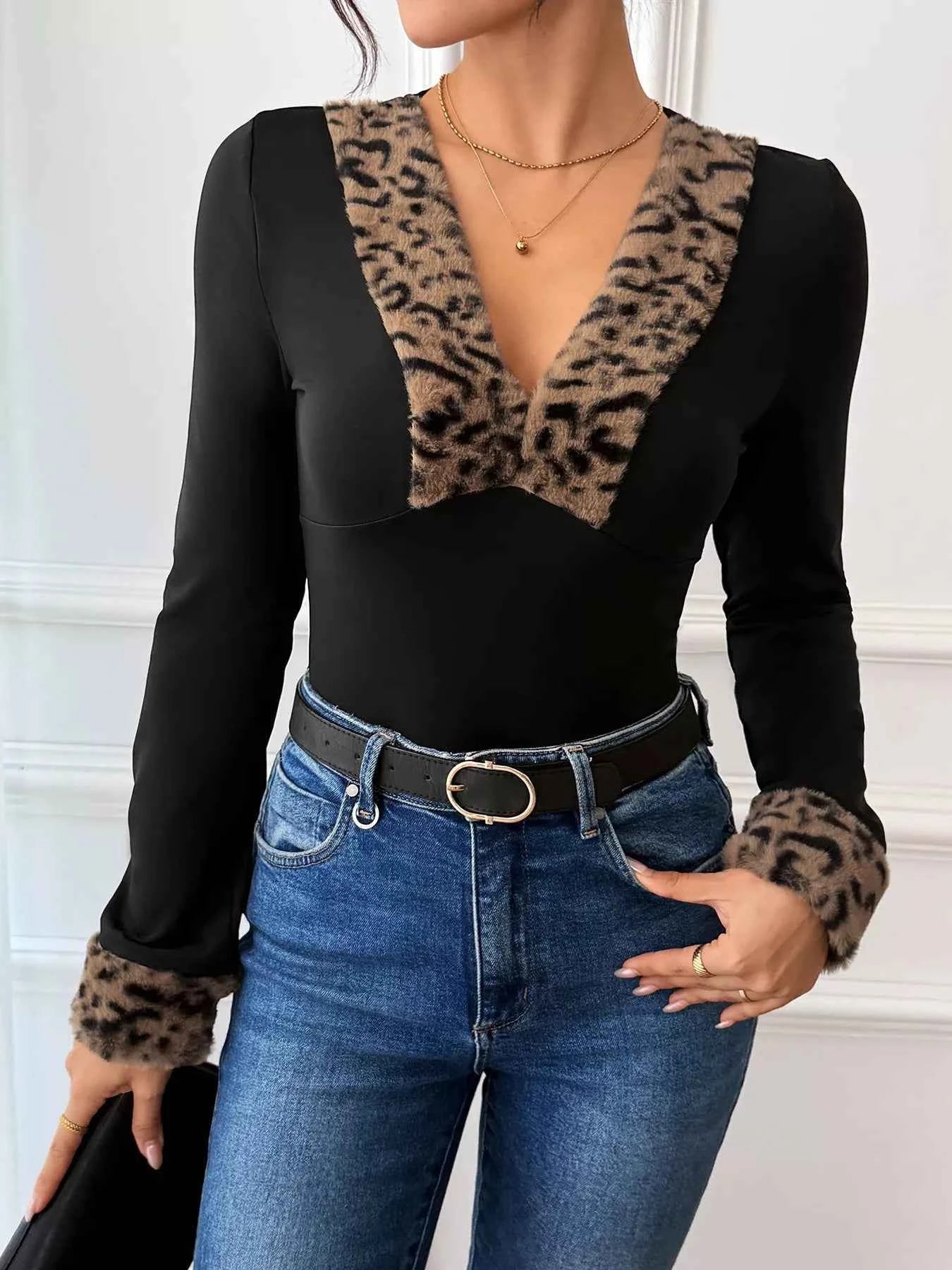 Leopard Trim V-Neck Long Sleeve Bodysuit