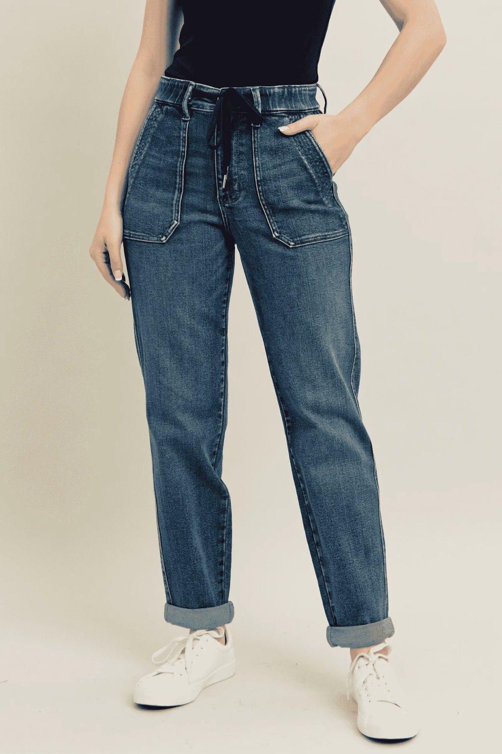 HIGH WAISTED Vintage Wash Jeans w/ Drawstring Plus Size.
