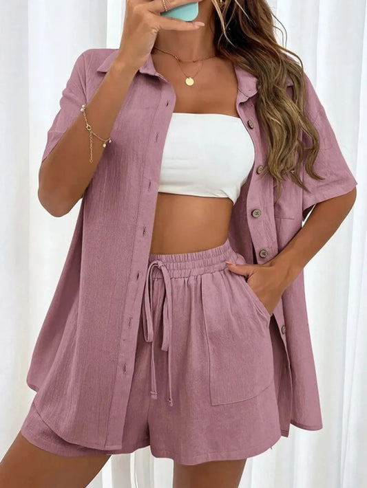 Button Up Shirt and Drawstring Shorts Set - CHIC TB