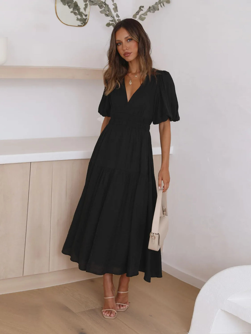 Tiered Surplice Half Sleeve Midi Dress.
