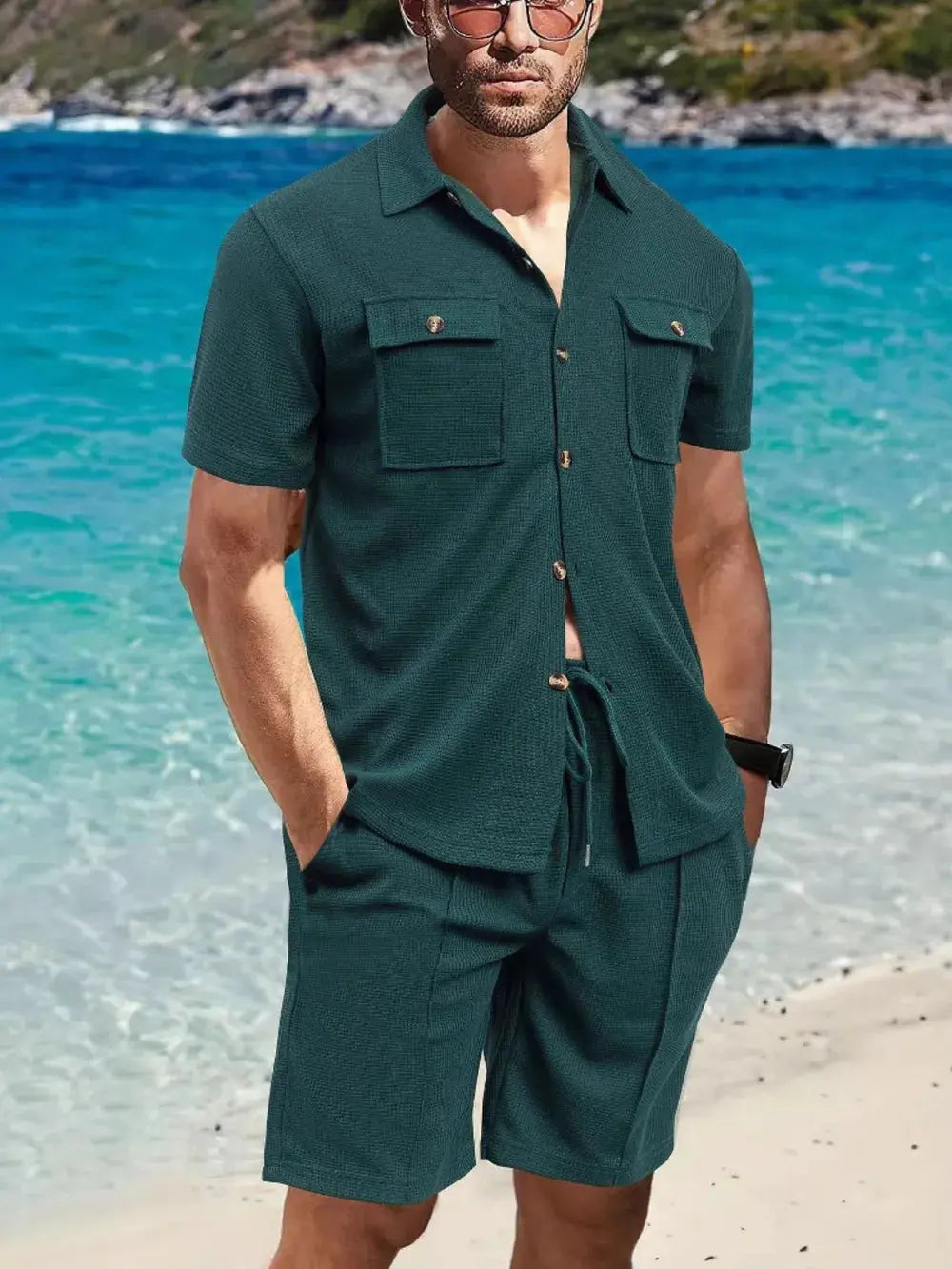 Men's Full Size Button Down Short Sleeve Top and Shorts Set Plus Size.