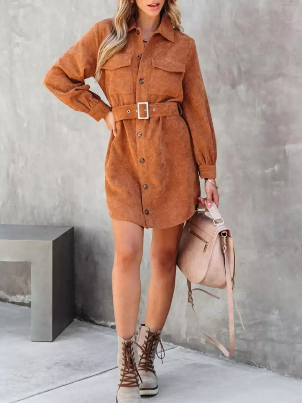 Button Front Belt Long Sleeve Corduroy Dress.