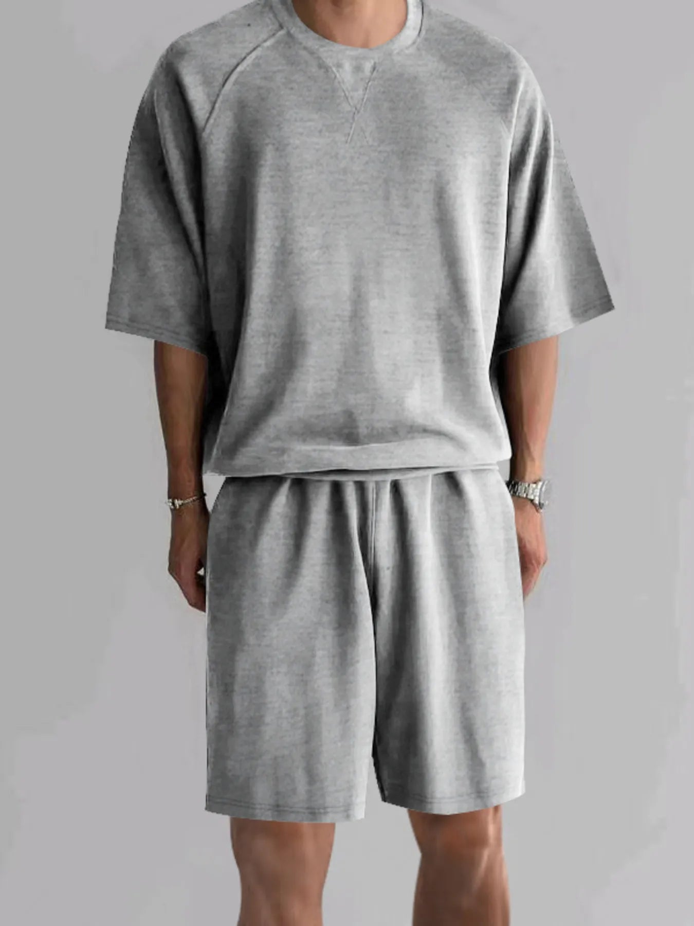 Men's Full Size Round Neck Top and Shorts Set Plus Size.