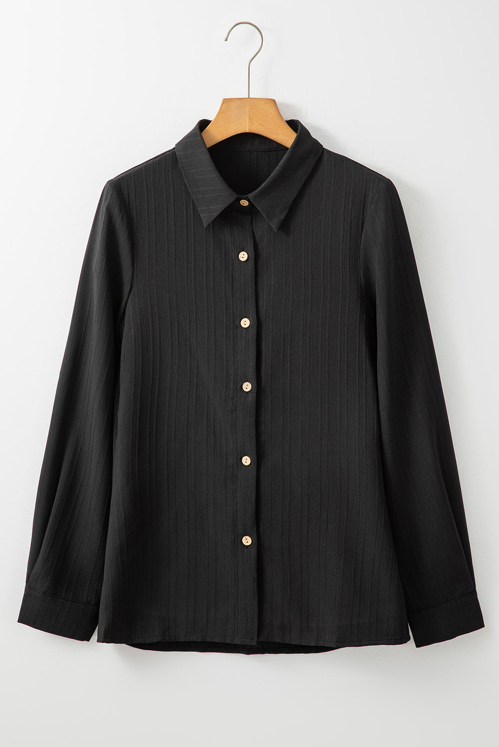 Black Solid Color Textured Buttoned Turn Down Collar Shirt Dear-Lover Dropshipping