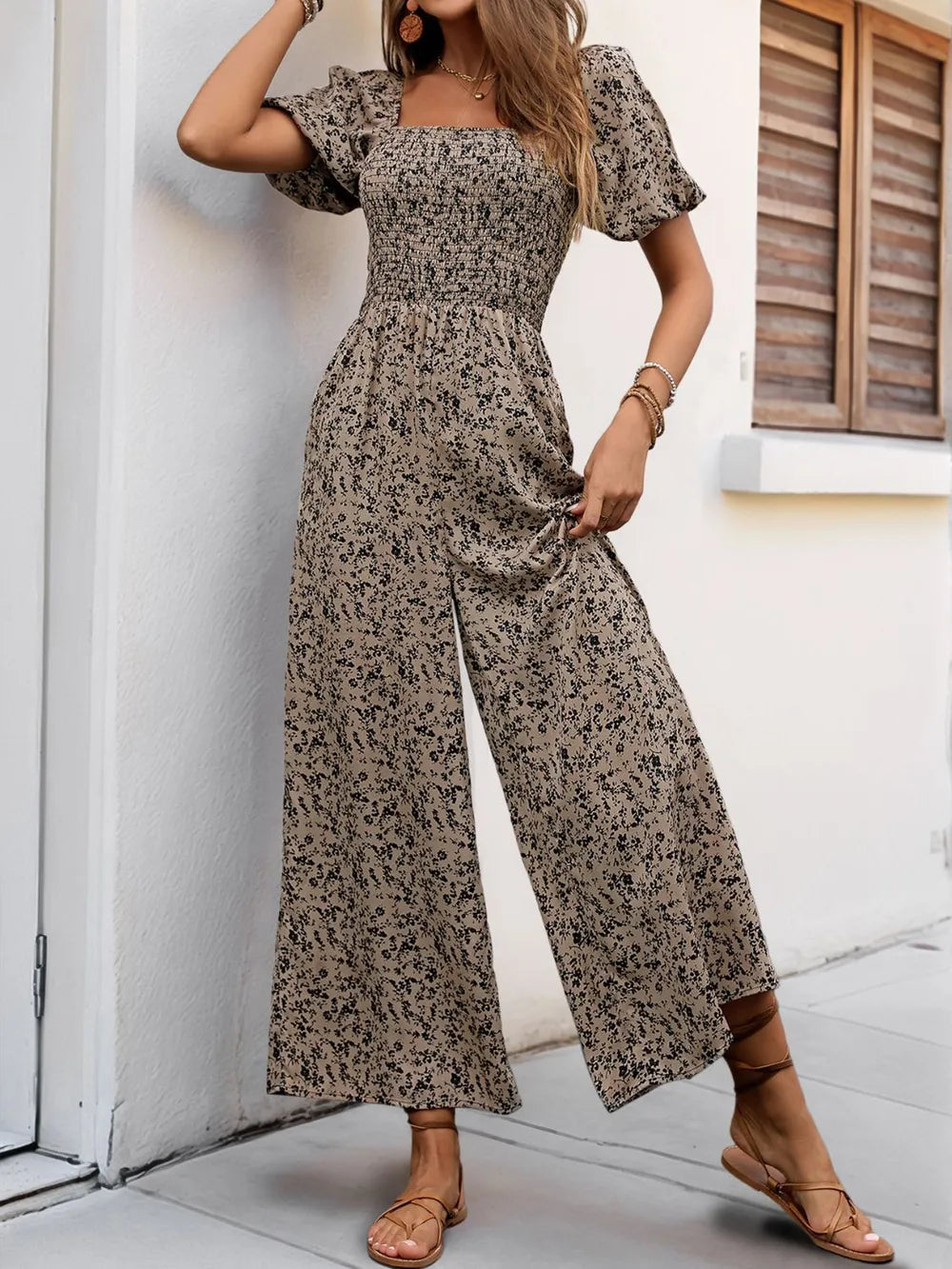 Perfee Smocked Printed Square Neck Puff Sleeve Jumpsuit.