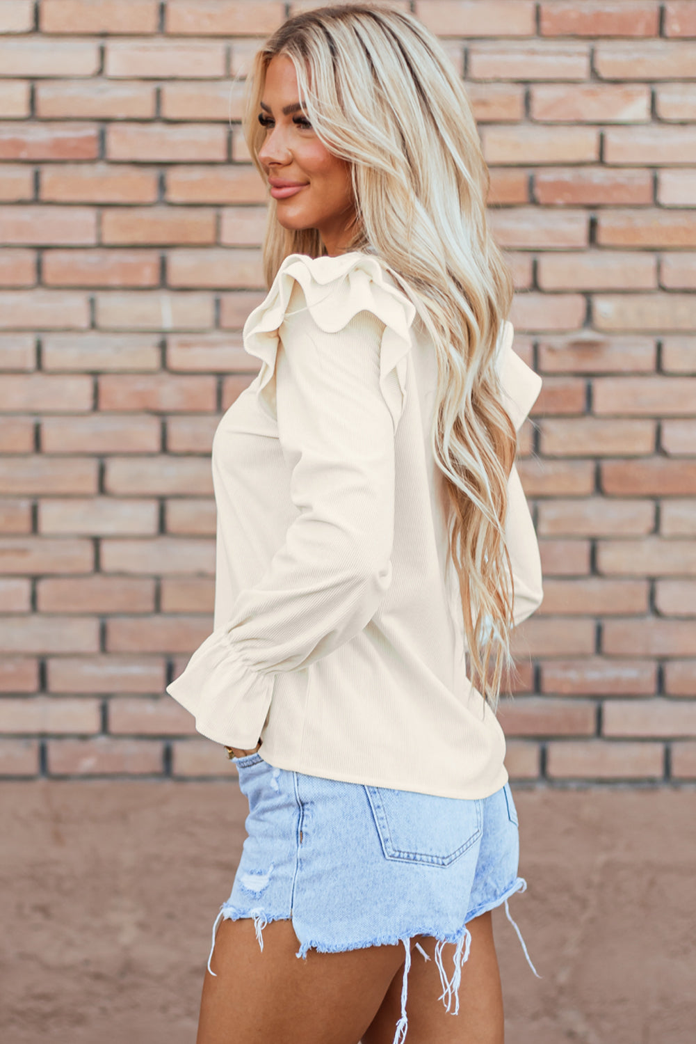 Beige Ruffled Flounce Sleeve Corduroy Blouse Dear-Lover Dropshipping