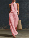Urban-style Cotton And Linen Top And Wide-leg Pants Set
