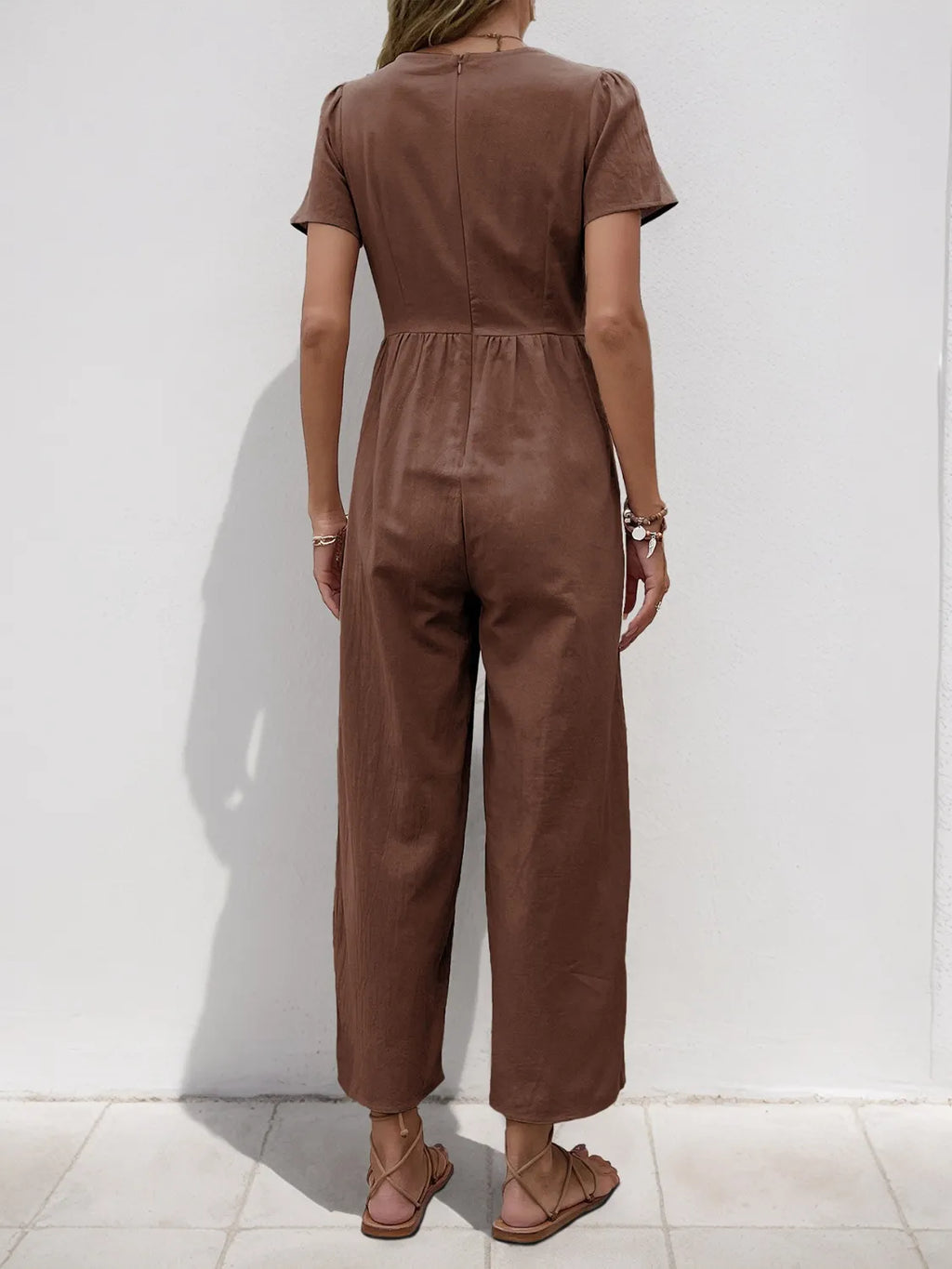 V-Neck Short Sleeve Wide Leg Jumpsuit.