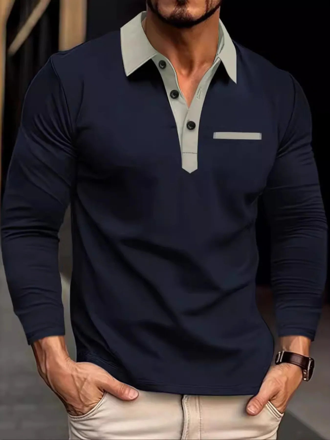 Men's Full Size Long Sleeve Contrast Collar Polo Shirt Plus Size.