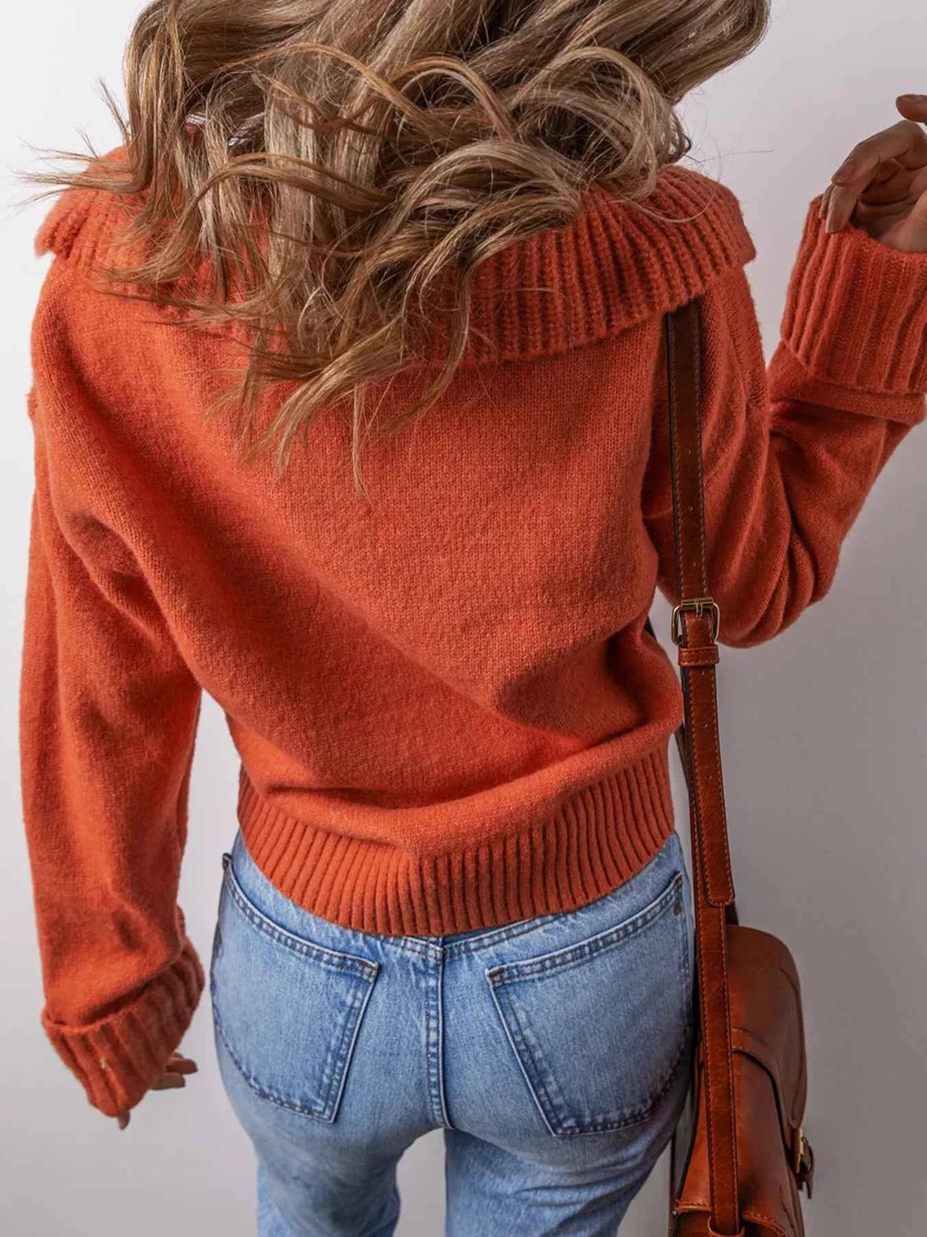 Collared V Neck Ribbed Edge Sweater