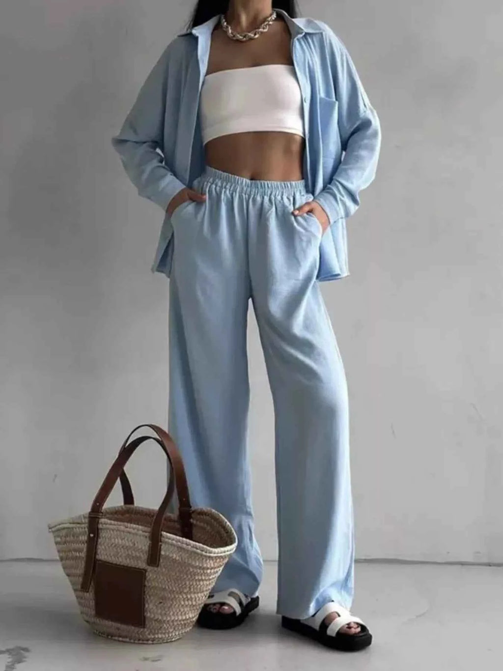 Button Up Long Sleeve Shirt and Pants Set
