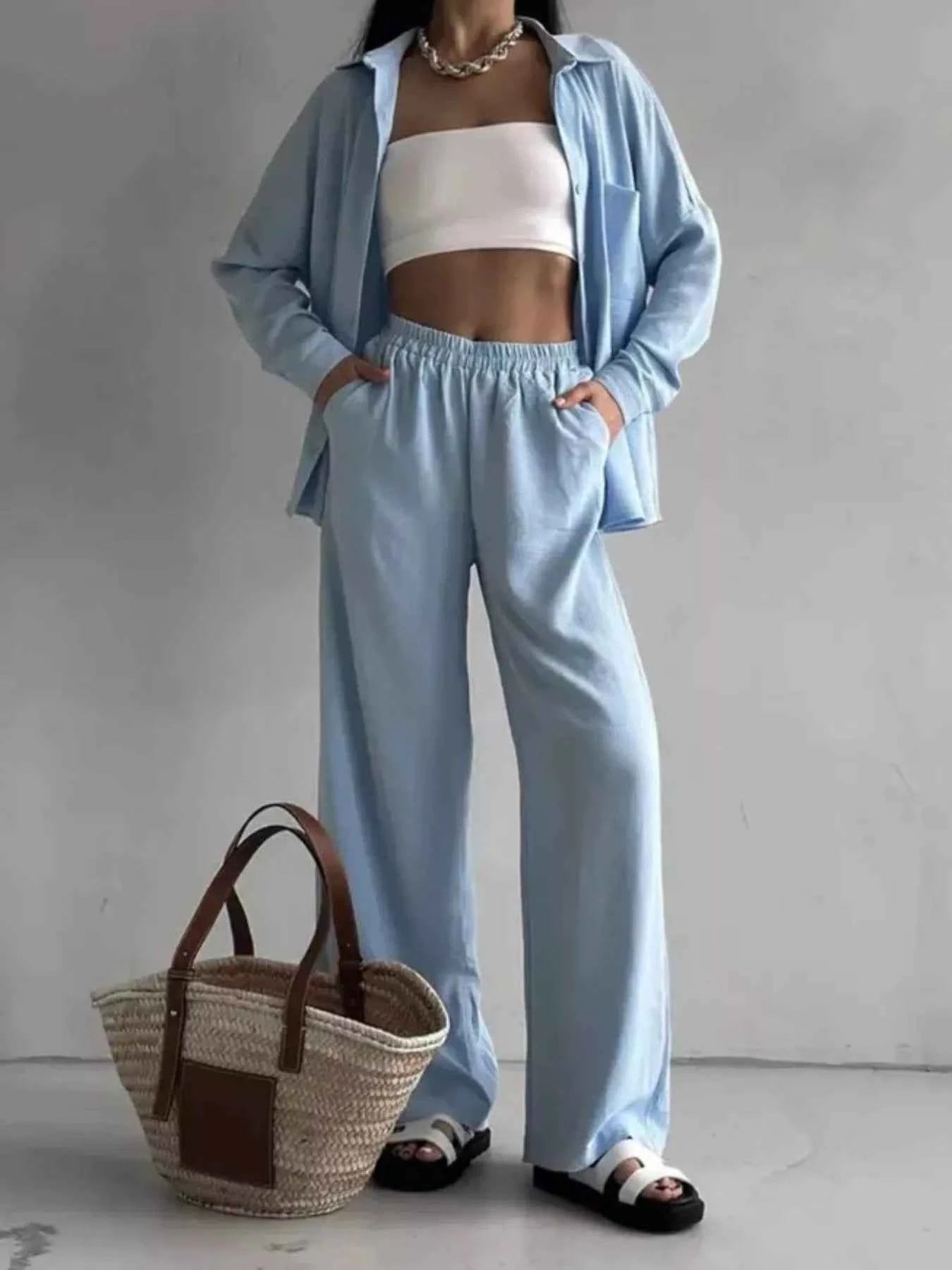 Button Up Long Sleeve Shirt and Pants Set