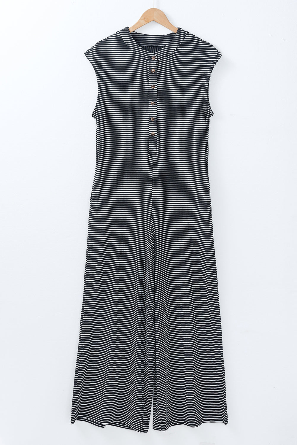 Black white Striped Print Buttoned Wide Leg Sleeveless Jumpsuit Dear-Lover Dropshipping