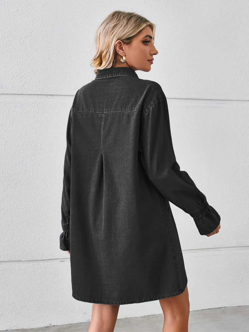 Pocketed long sleeve women Mini–Denim Dress.