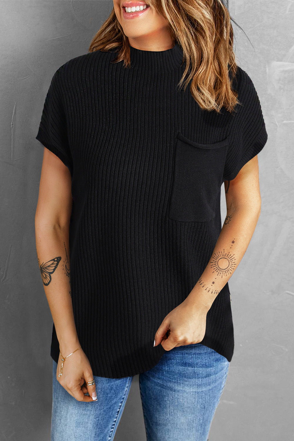 Black Patch Pocket Ribbed Knit Short Sleeve Sweater Dear-Lover Dropshipping