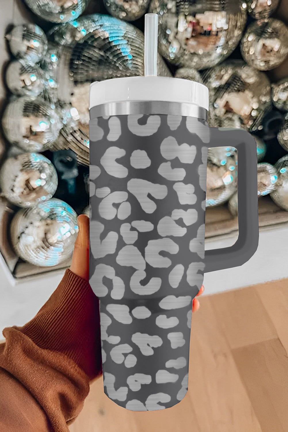 Gray Leopard Print 40OZ Stainless Steel Portable Cup with Handle Dear-Lover Dropshipping