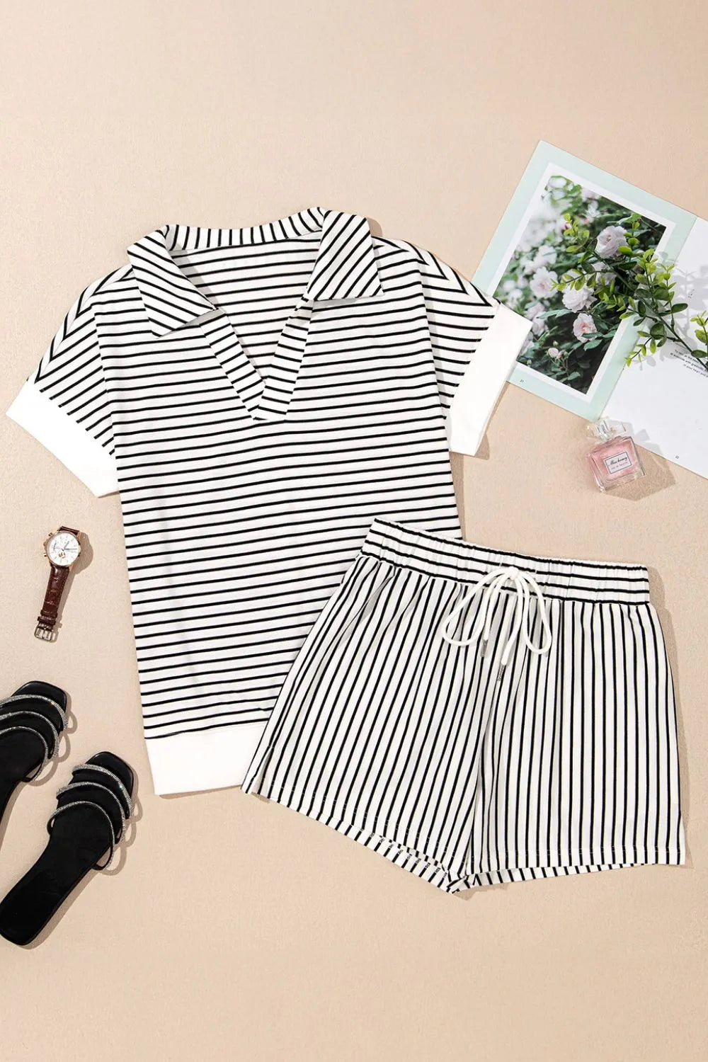 Stripe V Neck Tee and Casual Shorts Set.