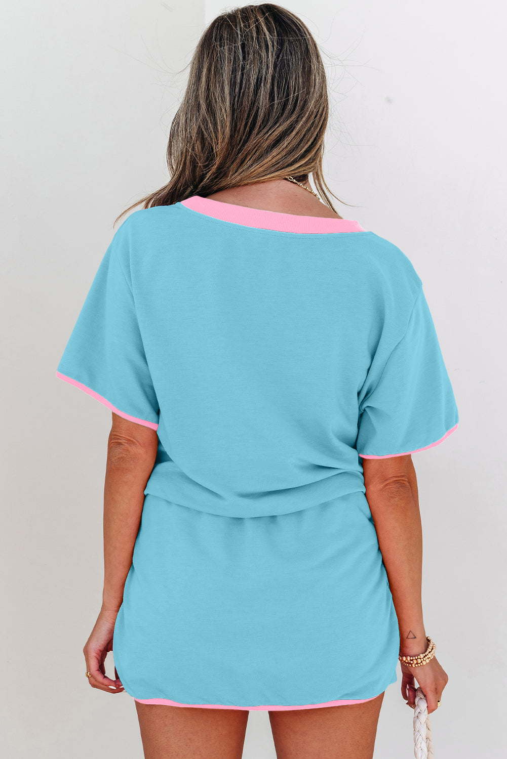 Turquoise Colorblock Edge Drop Shoulder T Shirt and Skort 2Pcs Set Dear-Lover Dropshipping