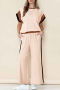 White Color Block Detail Casual Two-piece Set