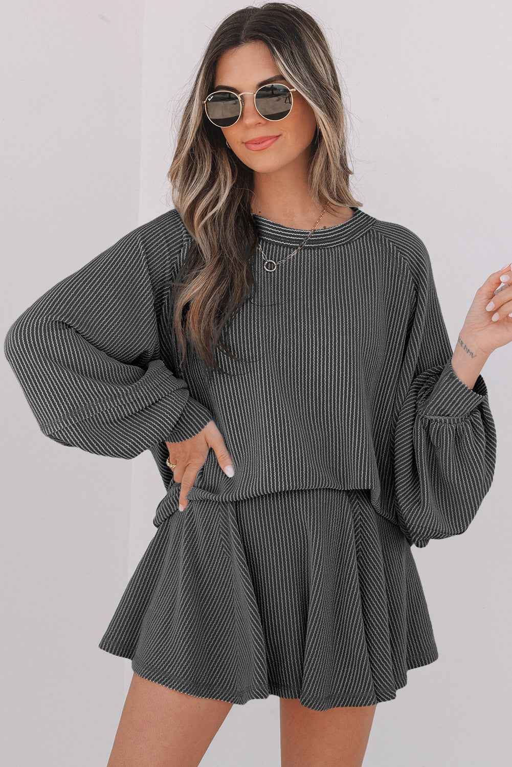 Dark Grey Corded Lantern Sleeve Top High Waist Ruffled Mini Skirt Set