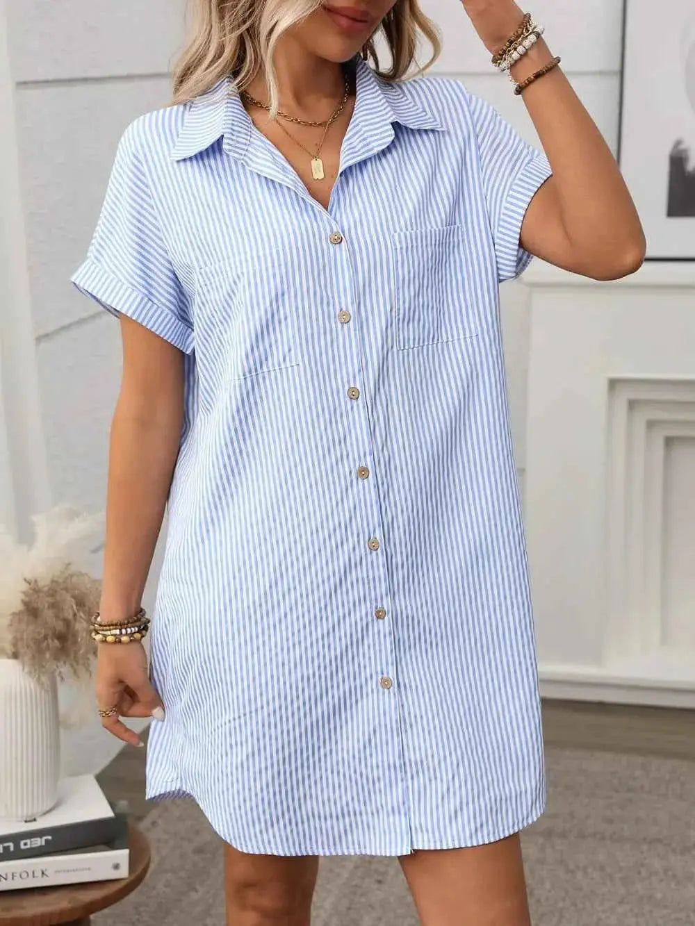 Striped Button Down Short Sleeve Mini Dress.