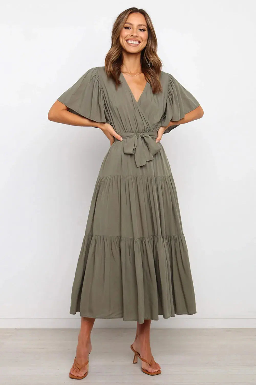 Tied Tiered Short Sleeve Midi Dress.
