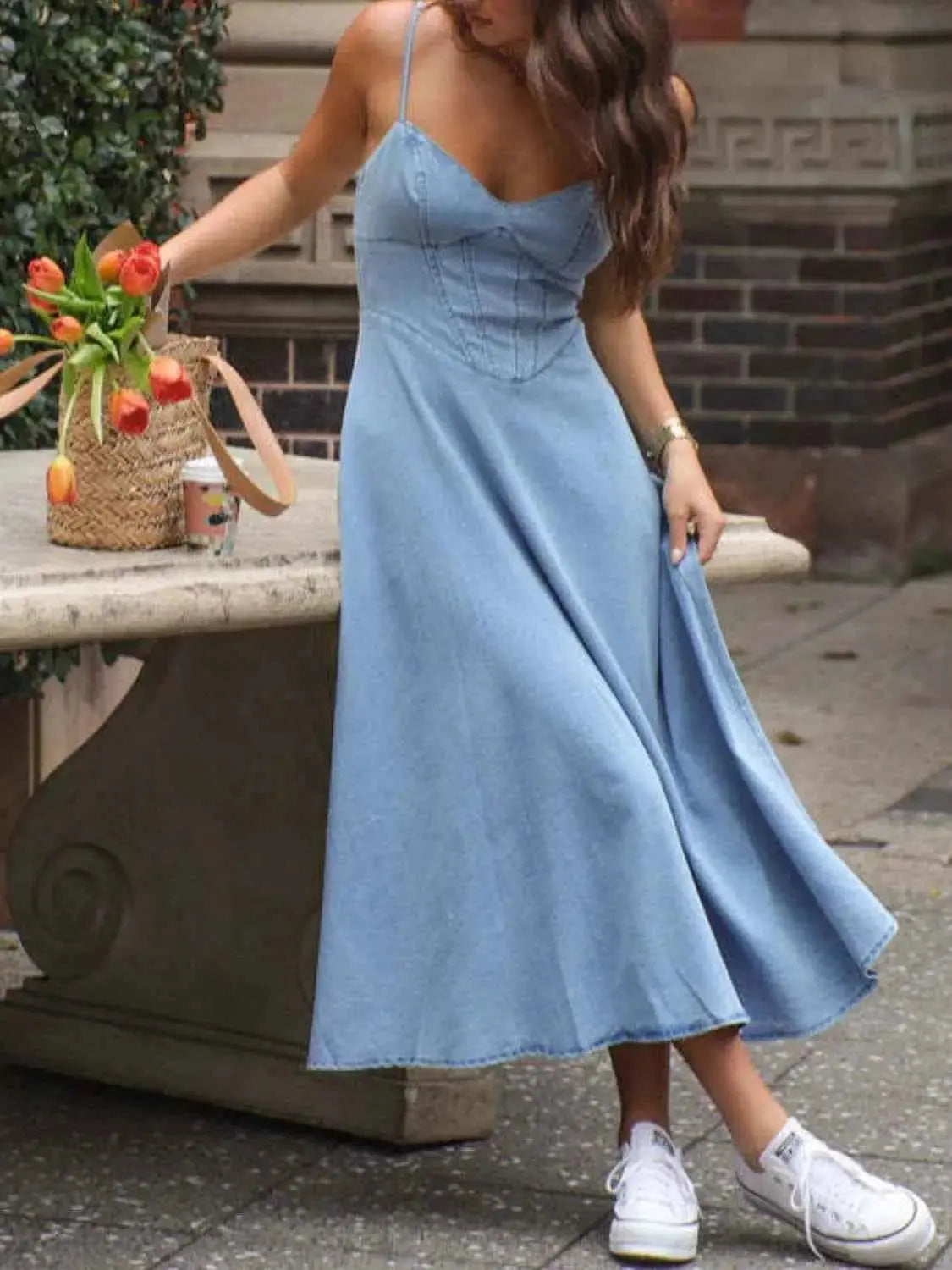 Smocked Sweetheart Neck Midi Cami Dress.